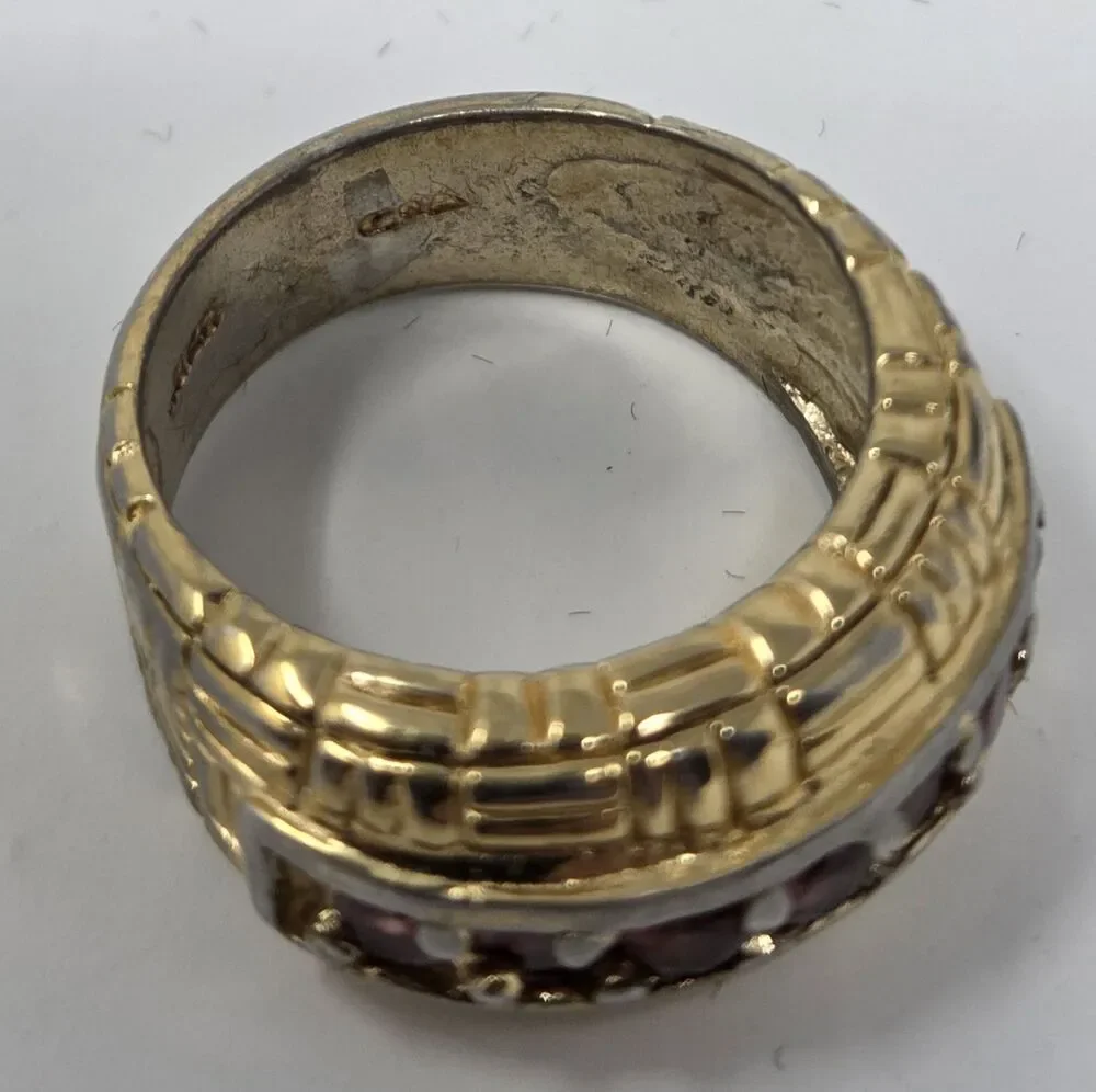 925 Sterling Silver Gold Plated Garnet CZ Channel Set Ring‎ Wide Band Mens...